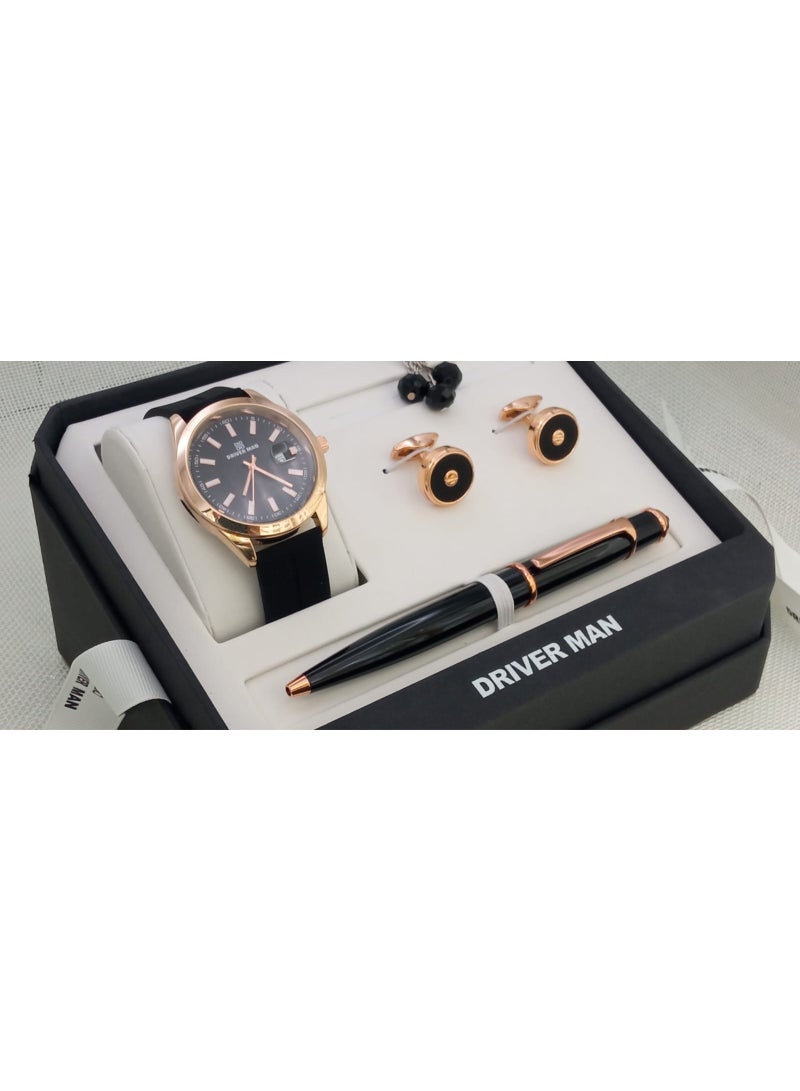 طقم رجالي من الستانلس ستيل مكون من ساعة وسبحة وقلم وازرار اكمام القمصان